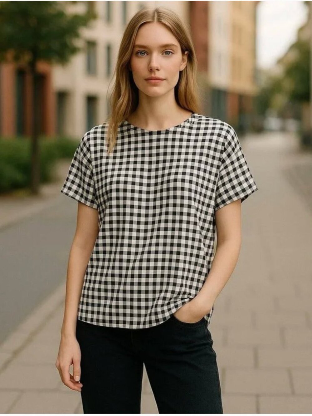 J. Jill Luxe Supima Relaxed Tee in Black and White Gingham